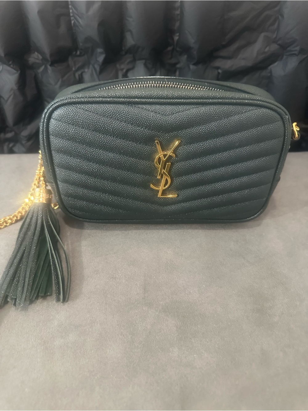 Saint Laurent Dark Green Quilted Leather Camera Bag with Tassel